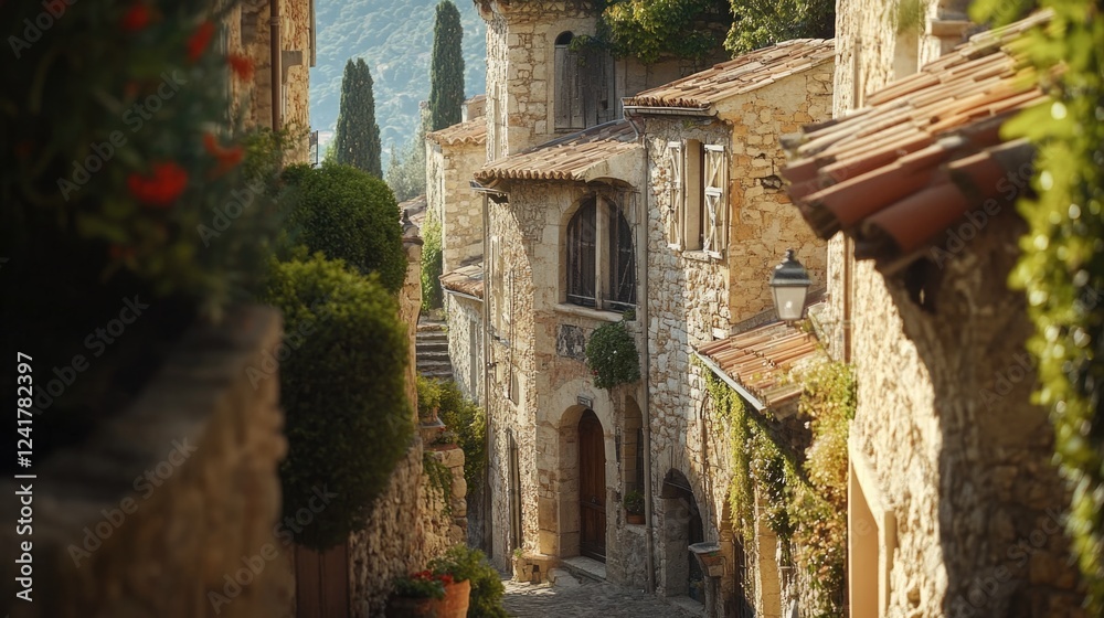 A quaint street scene with a clock tower visible in the distance, perfect for use in travel or cityscape photography A quaint street scene with a clock tower visible in the distance, perfect for use in travel or cityscape photography