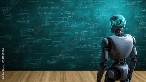 A futuristic robot standing in front of a blackboard filled with complex equations.