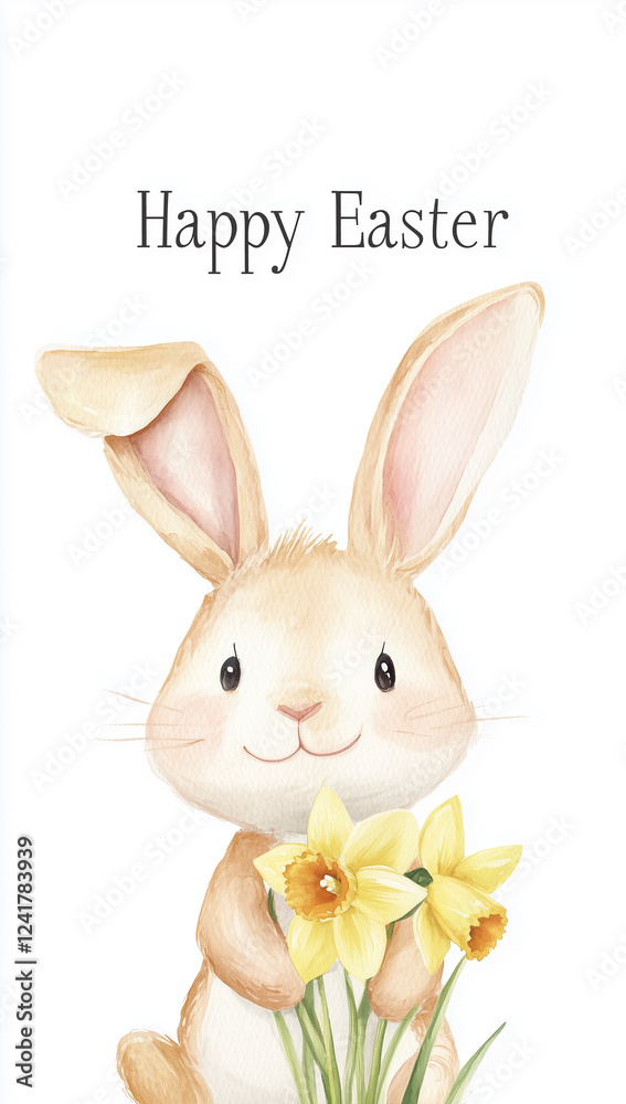 Obraz premium Easter greeting card, phone lock screen with a drawn bunny clutching a daffodil on a white background. Text: Happy Easter.