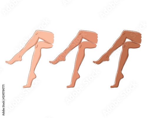 Vector fashion sketch illustration of beautiful, slim female legs isolated on a white background. High-heeled fashion feet template. Women's legs and feet croquis with different skin tones.