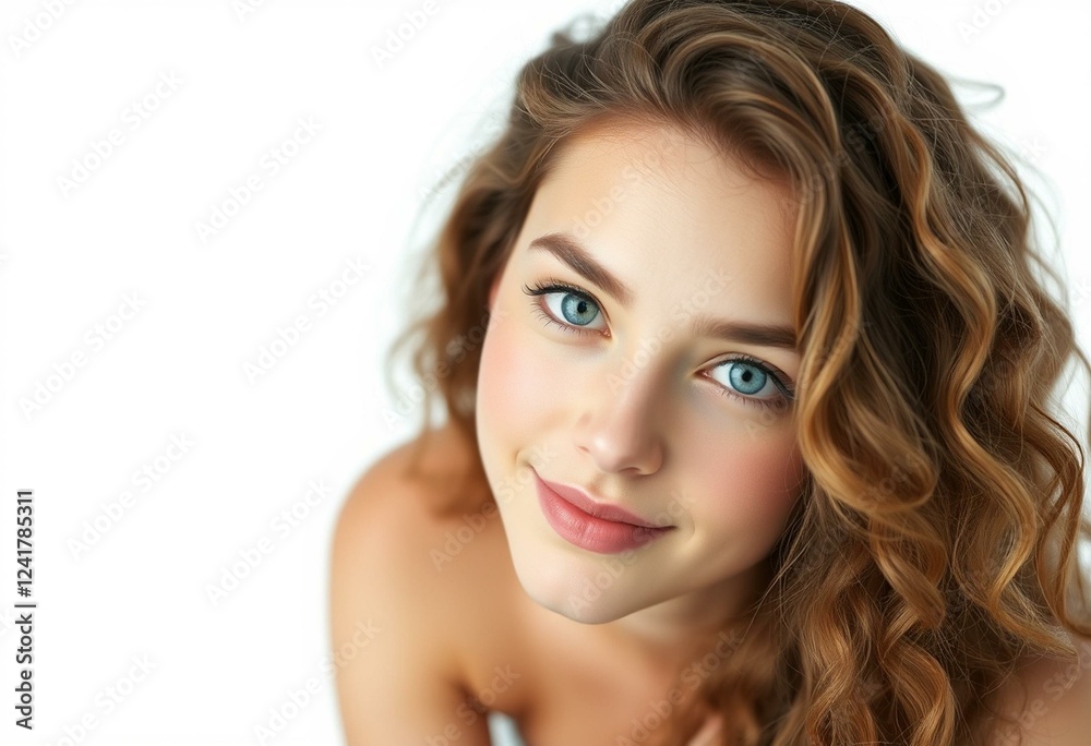 Young woman with curly brown hair and bright blue eyes Young woman with curly brown hair and bright blue eyes