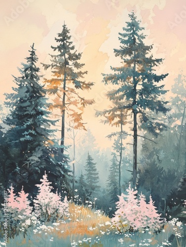 Soft pastel illustration of Hemlock trees for nature and landscape themes