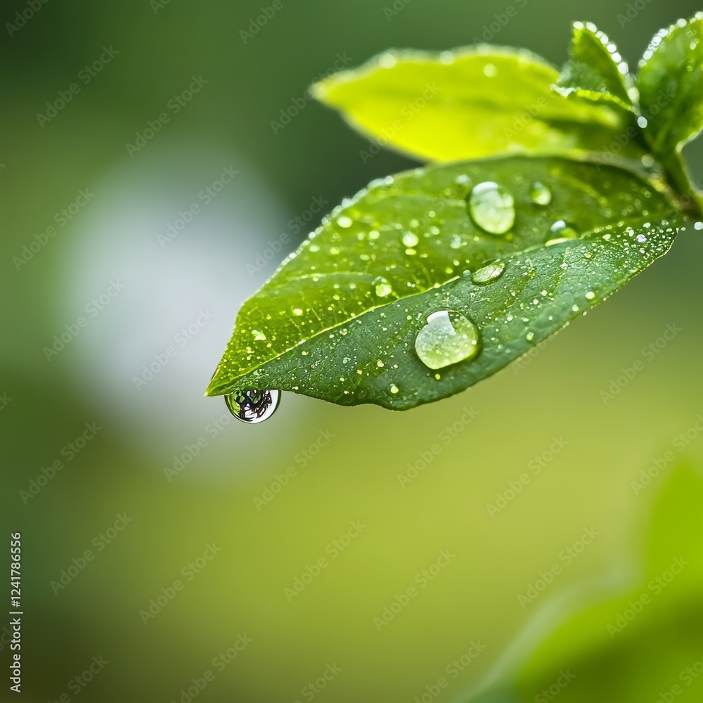 Green leaf with dew drops on blurred background. Nature concept. Green leaf with dew drops on blurred background. Nature concept.