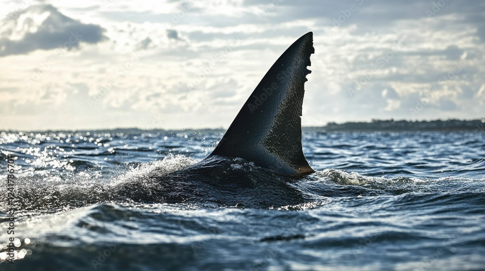 A striking image capturing a shark's fin emerging from the water, symbolizing the power and majesty of marine life, evoking feelings of intrigue and awe. A striking image capturing a shark's fin emerging from the water, symbolizing the power and majesty of marine life, evoking feelings of intrigue and awe.