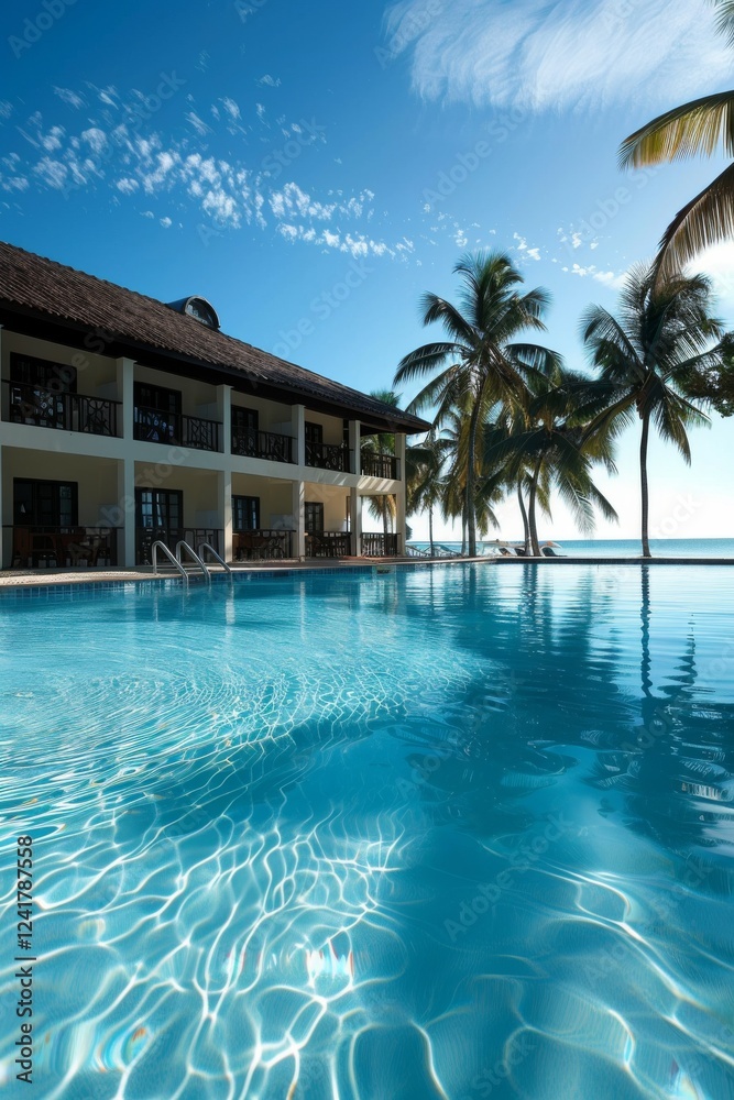 Hotel luxury outdoor swimming pool. Paradise. Tropical beach. Tourism. Travel. Relaxation. Calmness. Vacation.	
