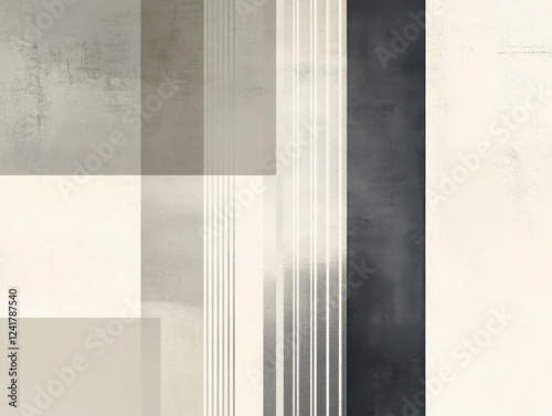 Modern abstract background with geometric shapes, textured surfaces, and a neutral color palette. Vertical and horizontal lines create depth and contrast, ideal for contemporary design, architecture,  photo