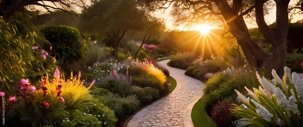 Breathtaking sunset illuminating a winding path leading through tranquil gardens