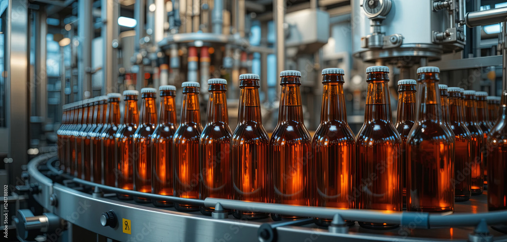 Amber glass bottles are moving along a conveyor belt in a beverage production facility. The setting is bright, showcasing the automated bottling process in action Amber glass bottles are moving along a conveyor belt in a beverage production facility. The setting is bright, showcasing the automated bottling process in action