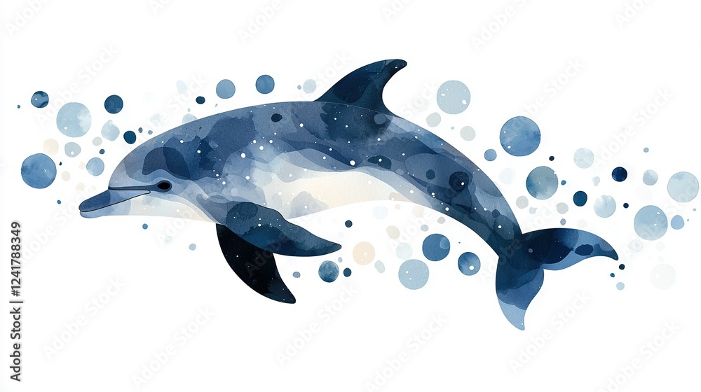 Fototapeta premium Watercolor painting of a dolphin swimming in a body of water with bubbles on the bottom