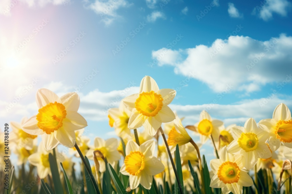Fototapeta premium White and yellow daffodils blooming under a bright blue sky with some clouds, representing the beauty of spring and nature
