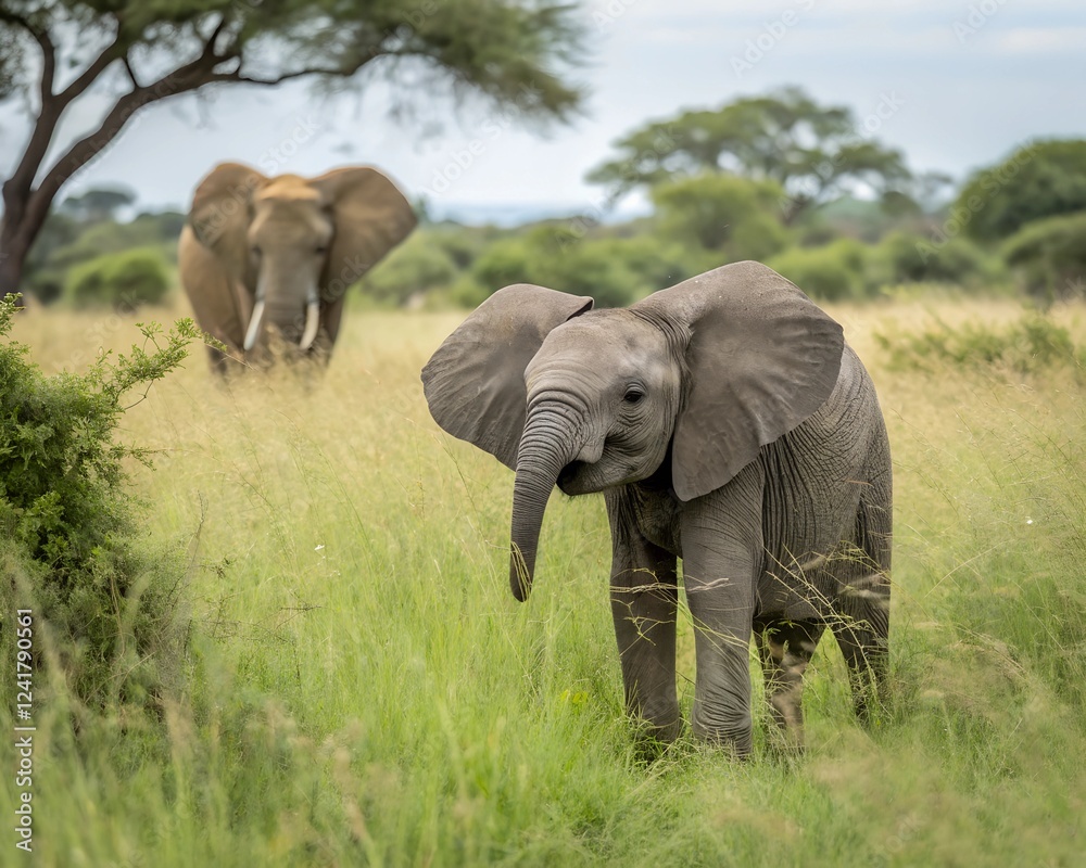 Fototapeta premium Young Elephant in African Savannah. Baby elephant