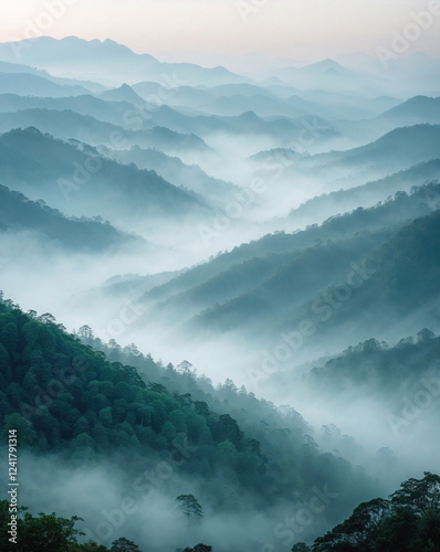 A breathtaking view of endless misty mountain ridges stretching into the distance, creating a dreamlike and serene landscape. Generative AI photo