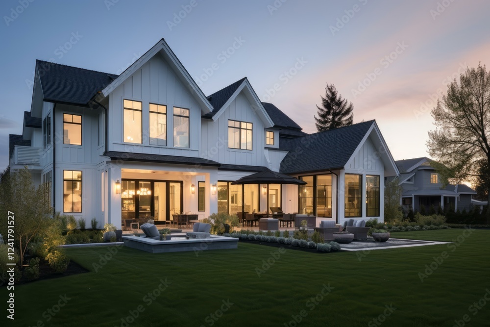 Luxurious modern farmhouse glows under the twilight sky, showcasing its elegant design and expansive backyard Luxurious modern farmhouse glows under the twilight sky, showcasing its elegant design and expansive backyard