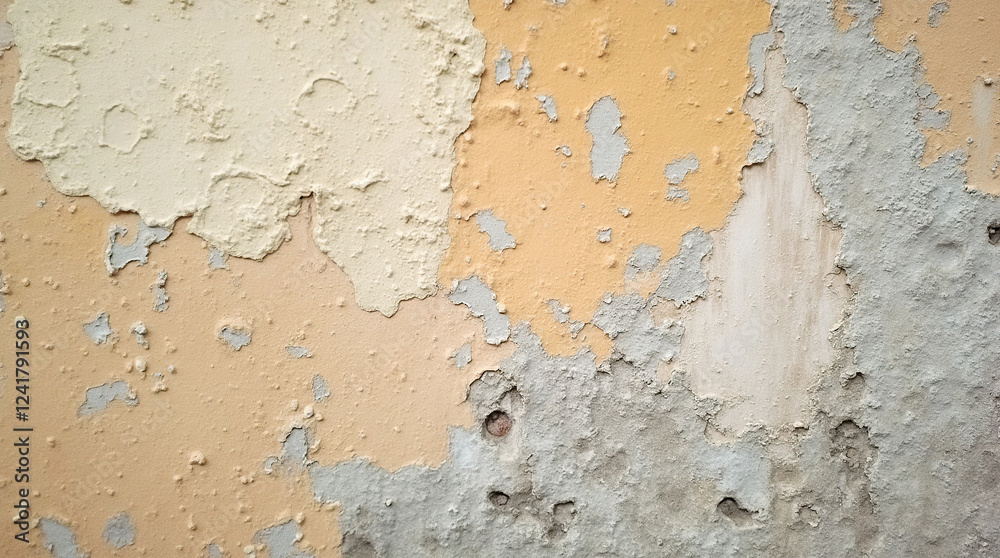 Obraz premium Close-Up of Weathered Wall Showing Peeling Paint and Textured Plaster Details