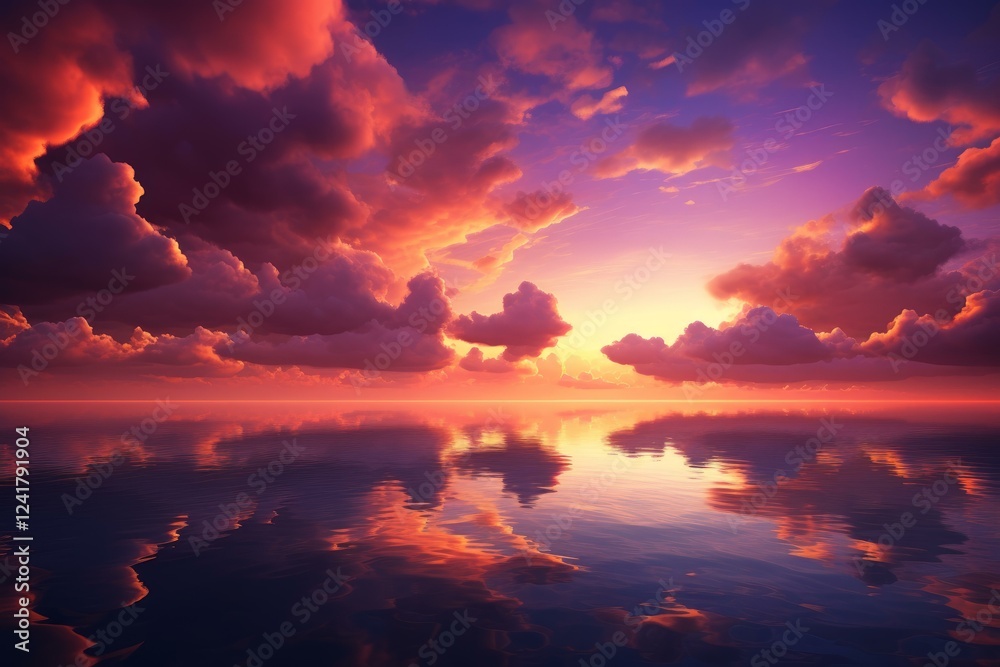 Fototapeta premium Beautiful sunset with purple and orange clouds reflecting on calm ocean water