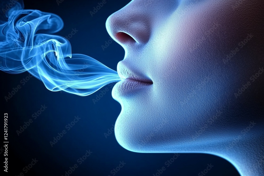 Close-up of woman blowing blue smoke against dark background Close-up of woman blowing blue smoke against dark background