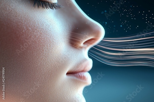 Close-up of female sensing aromas with abstract gust of scent on skin photo