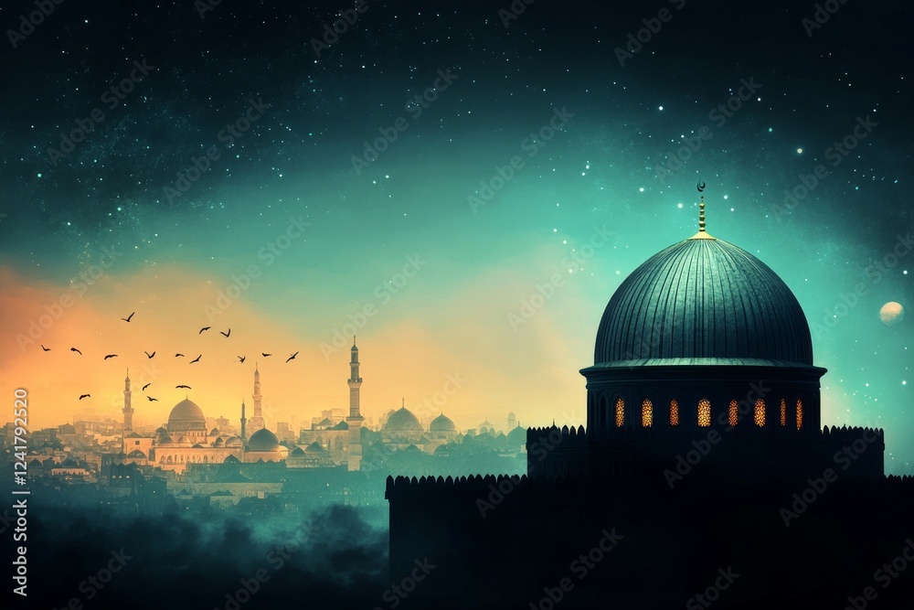 Obraz premium Majestic Mosque Under a Starry Night: A Spiritual Oasis of Middle Eastern Architecture