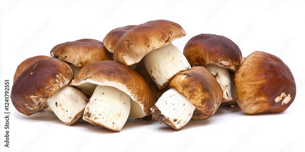 Fototapeta premium Brown mushrooms pile. Fresh forest fungi closeup. Food cooking recipe ingredient. High-angle shot white background.