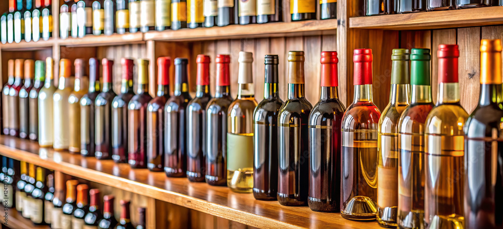 A row of wine bottles in various colors and shapes are displayed on wooden shelves. This cozy wine tasting room creates an inviting atmosphere for visitors to explore different selections A row of wine bottles in various colors and shapes are displayed on wooden shelves. This cozy wine tasting room creates an inviting atmosphere for visitors to explore different selections