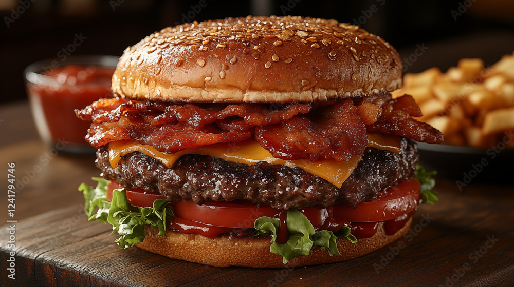 Gourmet burger with melted cheese, crispy bacon and fresh vegetables on wooden board. Classic American comfort food with restaurant presentation Gourmet burger with melted cheese, crispy bacon and fresh vegetables on wooden board. Classic American comfort food with restaurant presentation