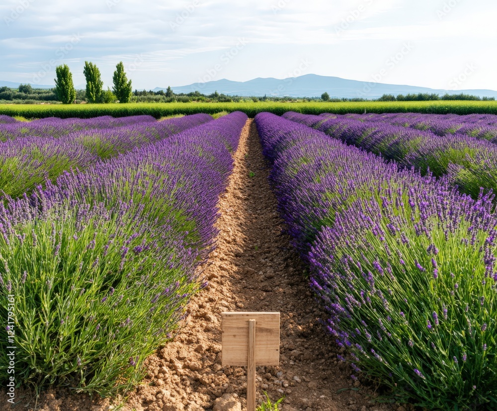Fototapeta premium Lavender field landscape with rows of blooming purple flowers under cloudy sky