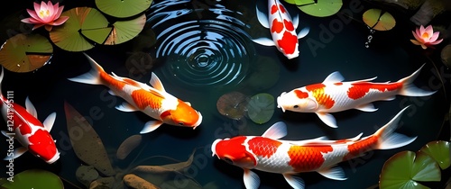 Close up of a serene Japanese koi pond showcasing beautiful fish and surrounding elements