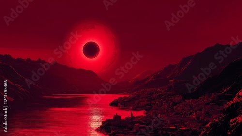 A total solar eclipse turns the sky a deep red. The Moon blocks out the Sun, creating a mysterious sight. The darkness spreads over mountains, a sea, and a small town.