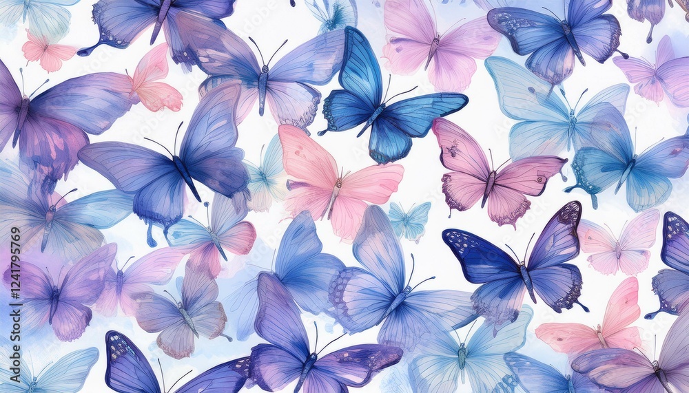 Obraz premium seamless hand drawn pattern of delicate butterflies on white background. Beautiful pastel creatures wallpaper design