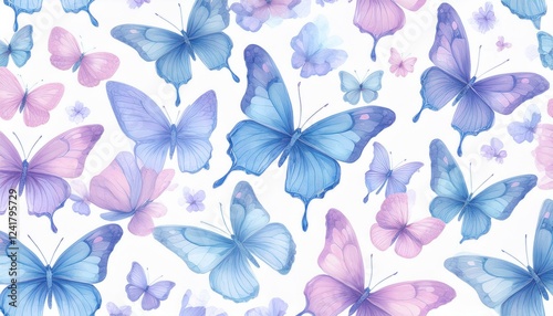 seamless hand drawn pattern of delicate butterflies on white background. Beautiful pastel creatures wallpaper design