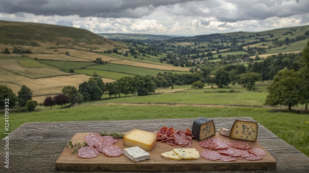 Fototapeta premium Countryside cheese and ham tasting experience scenic valley culinary delight outdoor setting panoramic view