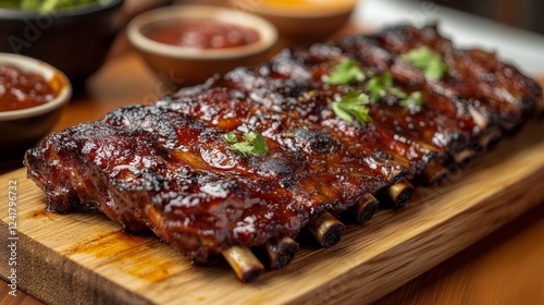 Fresh pork ribs on a wooden board, ready for cooking.