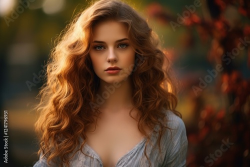 Beautiful redhead model posing outdoors during golden hour, showcasing her long, curly hair and captivating gaze