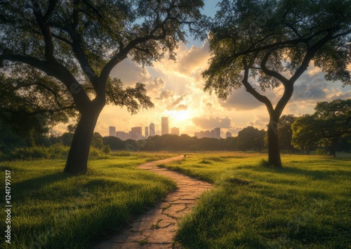 Houston Buffalo Bayou Park Silhouette Photography Captures a Stunning Sunset over Eleanor Tinsley Park Skyline photo