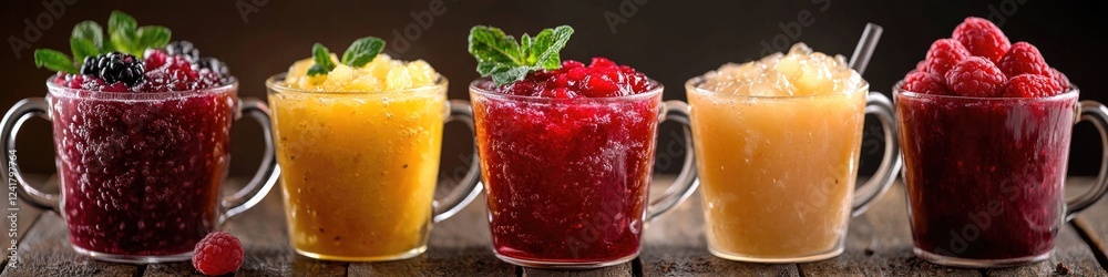 A table setting with four glasses filled with colorful drinks, ideal for a party or celebration A table setting with four glasses filled with colorful drinks, ideal for a party or celebration
