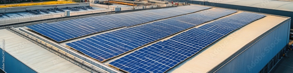 Photograph of solar panels installed on the rooftop of a building, suitable for environmental and energy-related projects