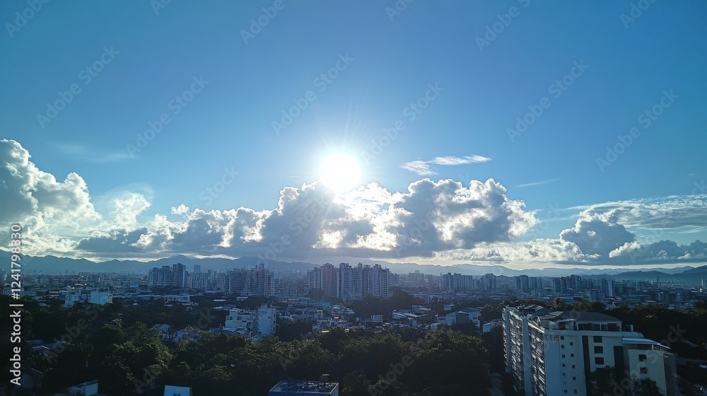 Fototapeta premium The sky is a clear blue color, with a few scattered clouds. The clouds are small and fluffy, and they do not cover the sun. The sun is shining brightly, making it a beautiful day.