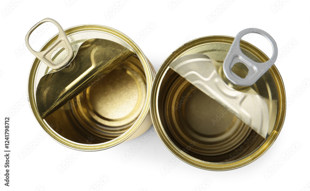 Two open tin cans isolated on white, top view Two open tin cans isolated on white, top view