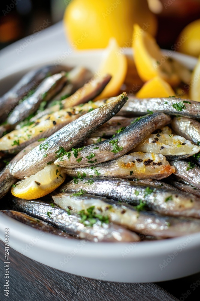 Fresh sardines served with sliced lemons and parsley, great for appetizer or snack Fresh sardines served with sliced lemons and parsley, great for appetizer or snack
