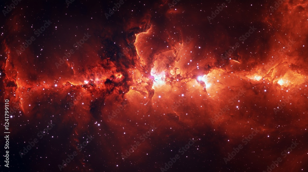 Vibrant Cosmic Nebula in Deep Space with Fiery Red and Orange Gases Interwoven with Darker Regions and Scattered White Stars Wallpaper, Dramatic Contrast and Sense of Vastness Vibrant Cosmic Nebula in Deep Space with Fiery Red and Orange Gases Interwoven with Darker Regions and Scattered White Stars Wallpaper, Dramatic Contrast and Sense of Vastness