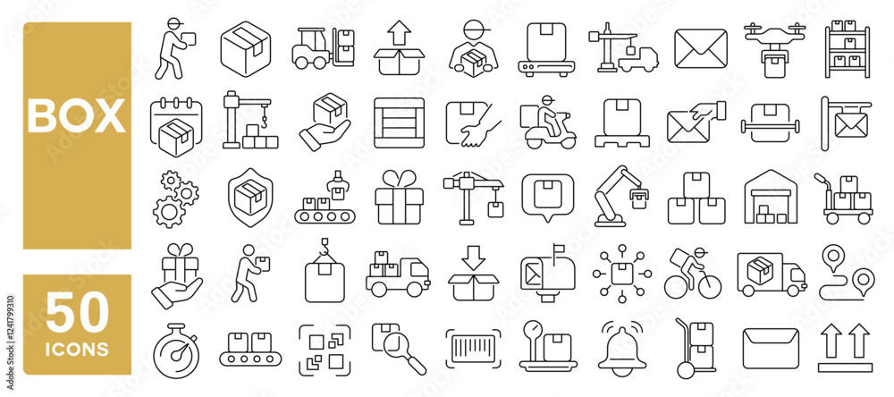 Set of 50 line icons related to box, package, delivery, shipment, distribution, product, parcel, cardboard, gift, cargo, carton, Editable stroke. Vector illustration Set of 50 line icons related to box, package, delivery, shipment, distribution, product, parcel, cardboard, gift, cargo, carton, Editable stroke. Vector illustration