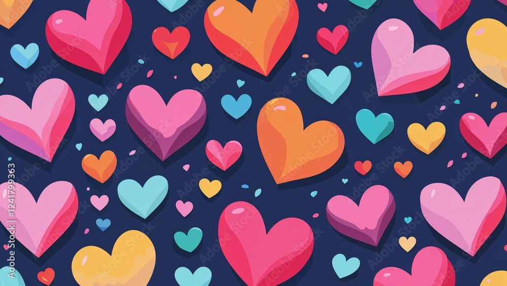 Fototapeta premium Colorful flat heart pattern background on navy blue cute design