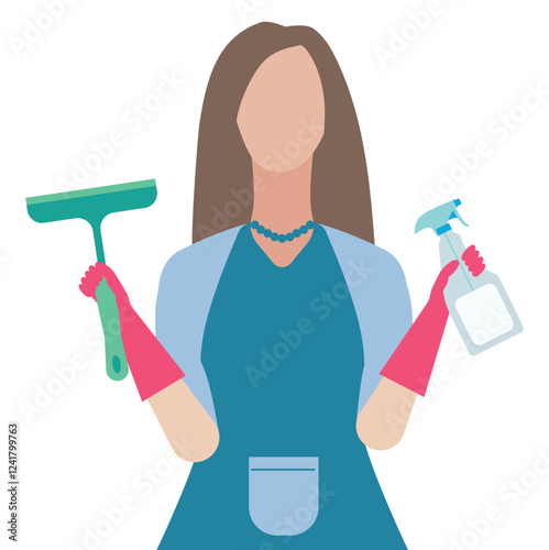 A woman holds cleaning equipment. Flat vector simple illustration.