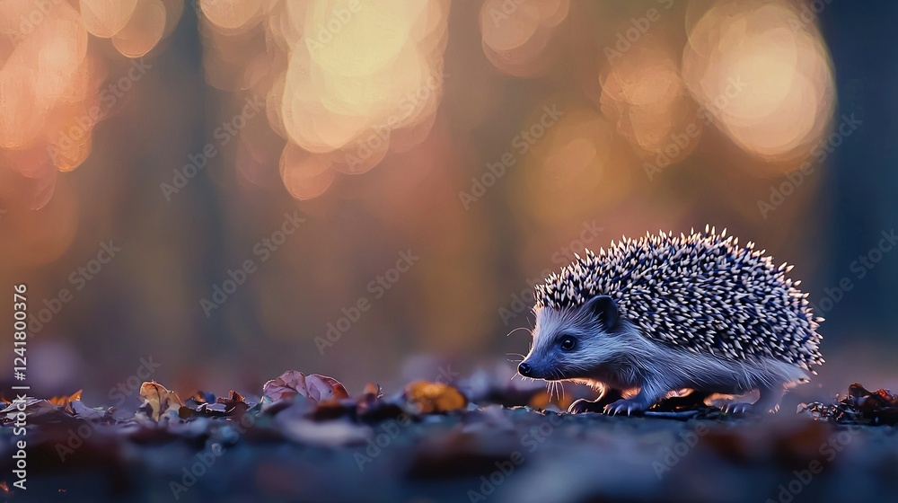 Obraz premium A hedgehog strolls through a leaf-strewn forest with a hazy backdrop