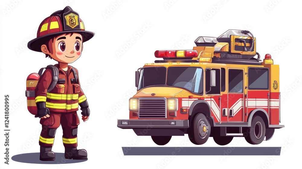 Cartoon firefighter and firetruck illustration, safety education, white background, children's book Cartoon firefighter and firetruck illustration, safety education, white background, children's book