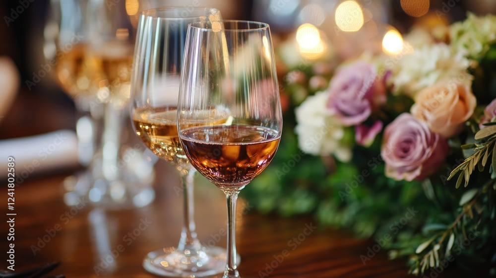 Fototapeta premium Two wine glasses sit on a table, ready for a gathering or meal