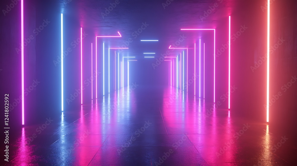 Neon corridor, vibrant lights, dark room, background, design Neon corridor, vibrant lights, dark room, background, design