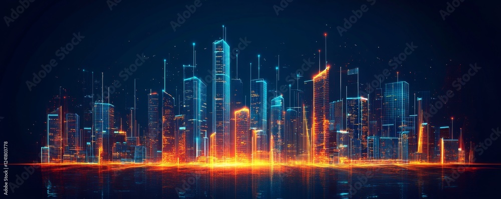 Fototapeta premium Glowing digital city skyline at night; futuristic cityscape