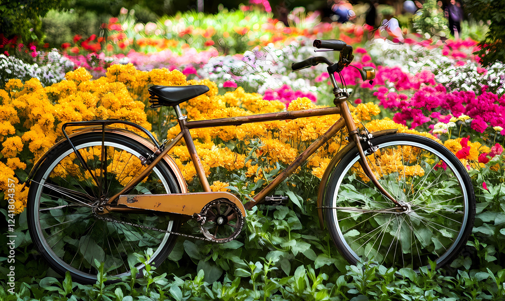 Tandem Bike Cruising Down an Isolated Park Path Surrounded by Peaceful Scenery Tandem Bike Cruising Down an Isolated Park Path Surrounded by Peaceful Scenery
