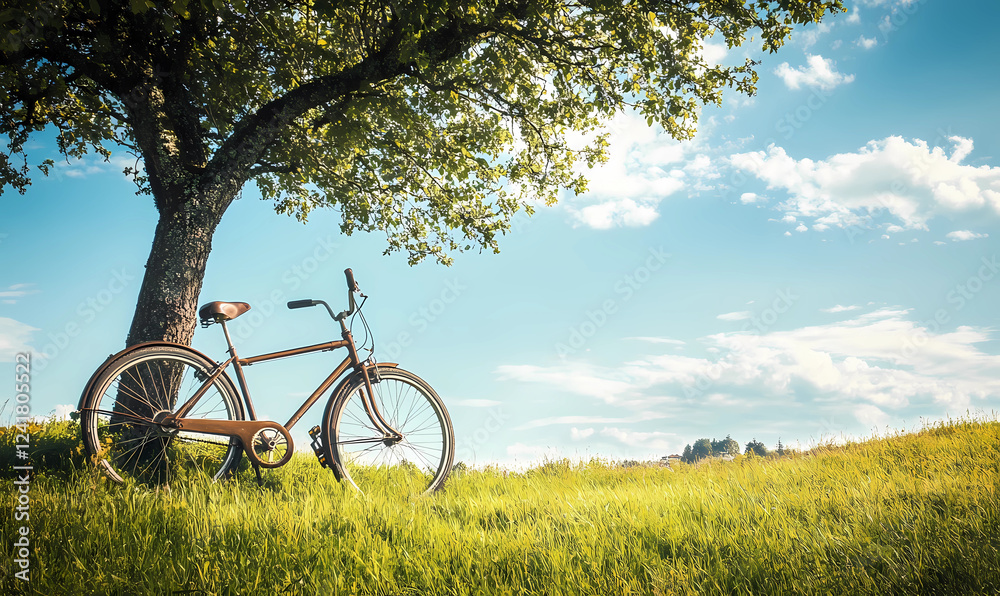 Obraz premium Vintage Bicycle Leaning Against a Tree, Isolated in a Tranquil Outdoor Setting for Peaceful Vibes